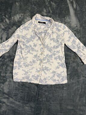 Lauren Ralph Lauren Womens Floral Pajama Top Blue & White Button-Down PXS